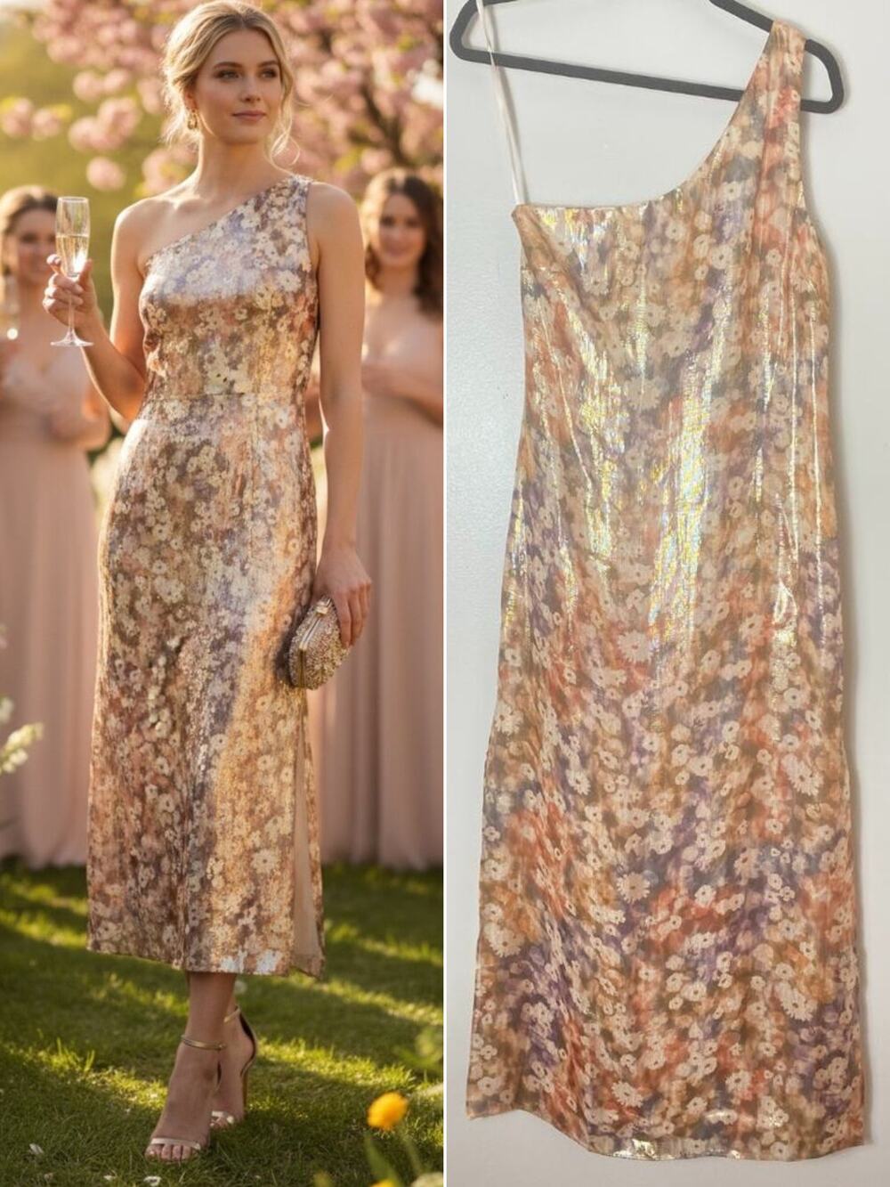 Club Monaco Gold Silk Metallic Dress Wedding Guest Cocktail Maxi